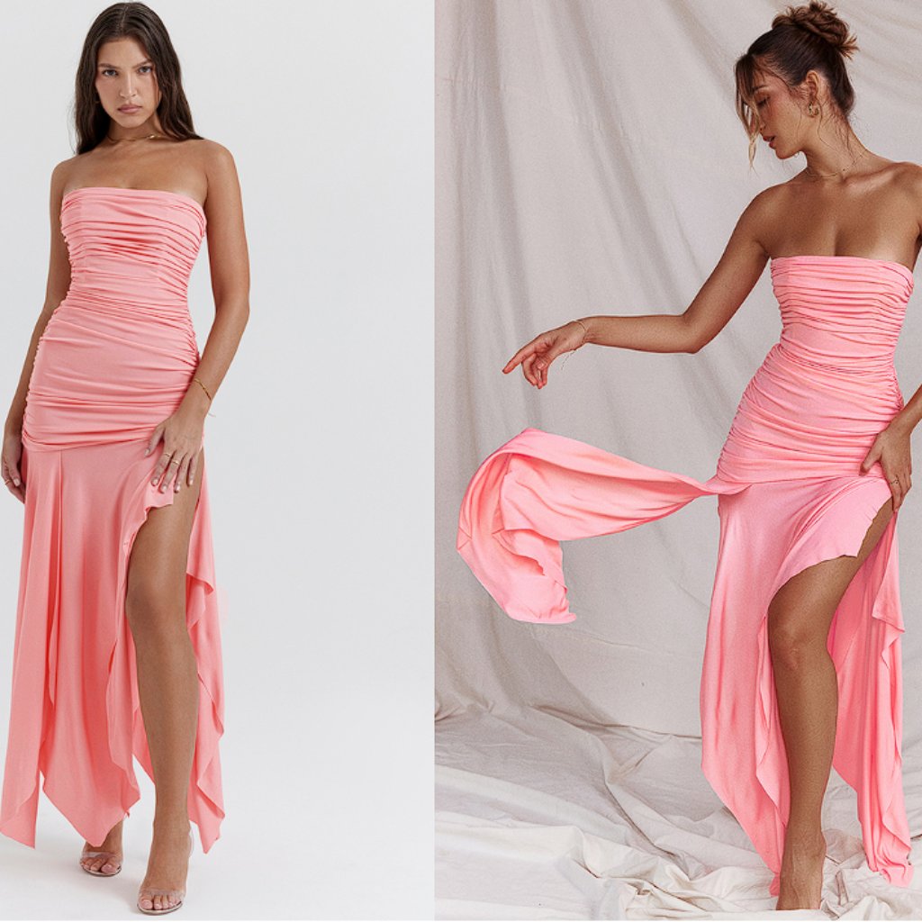 House Of Cb 'Ivana' Apricot Gathered Asymmetric Dress Nwot